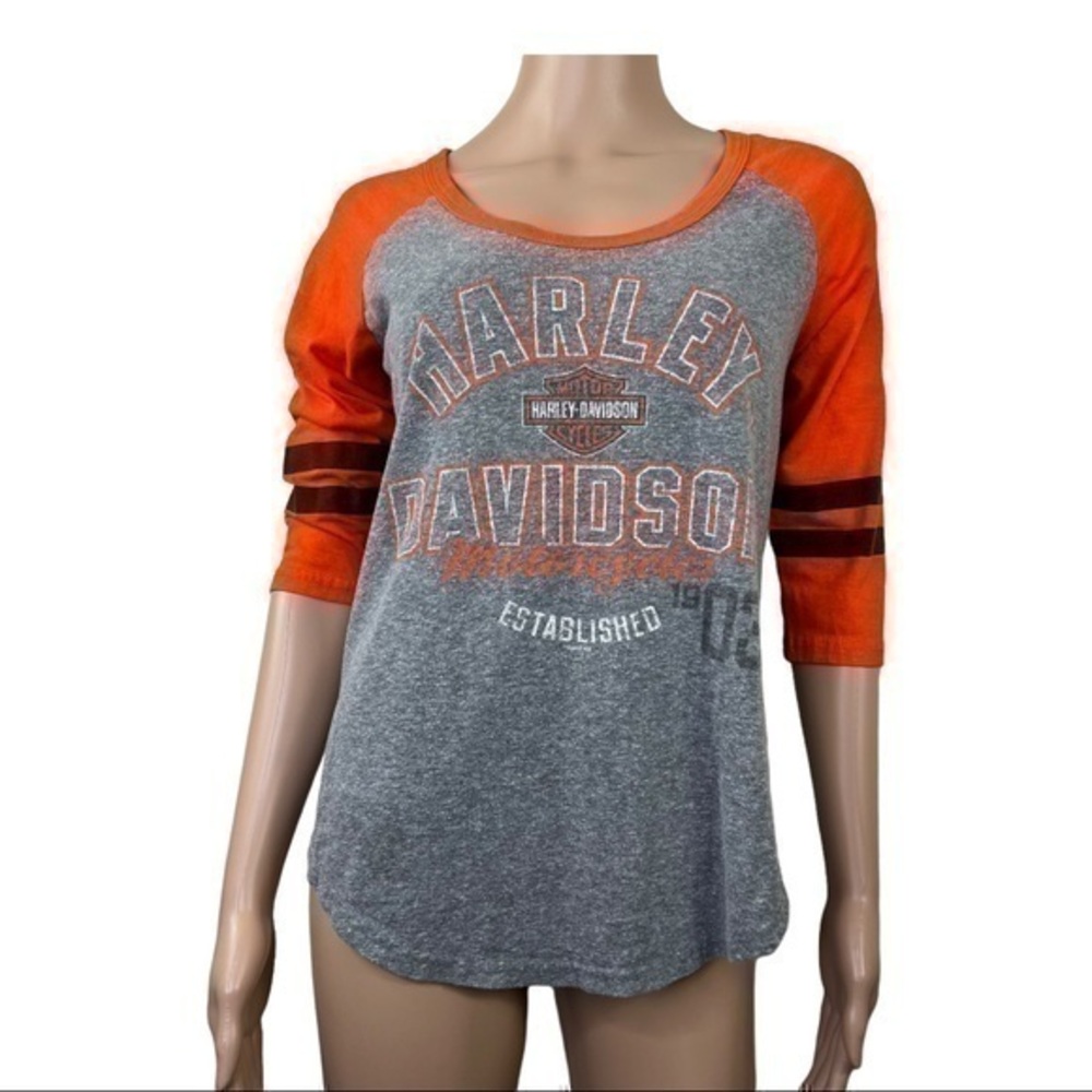 Harley Davidson Women Top Blouse Orange Gray Pullover size M